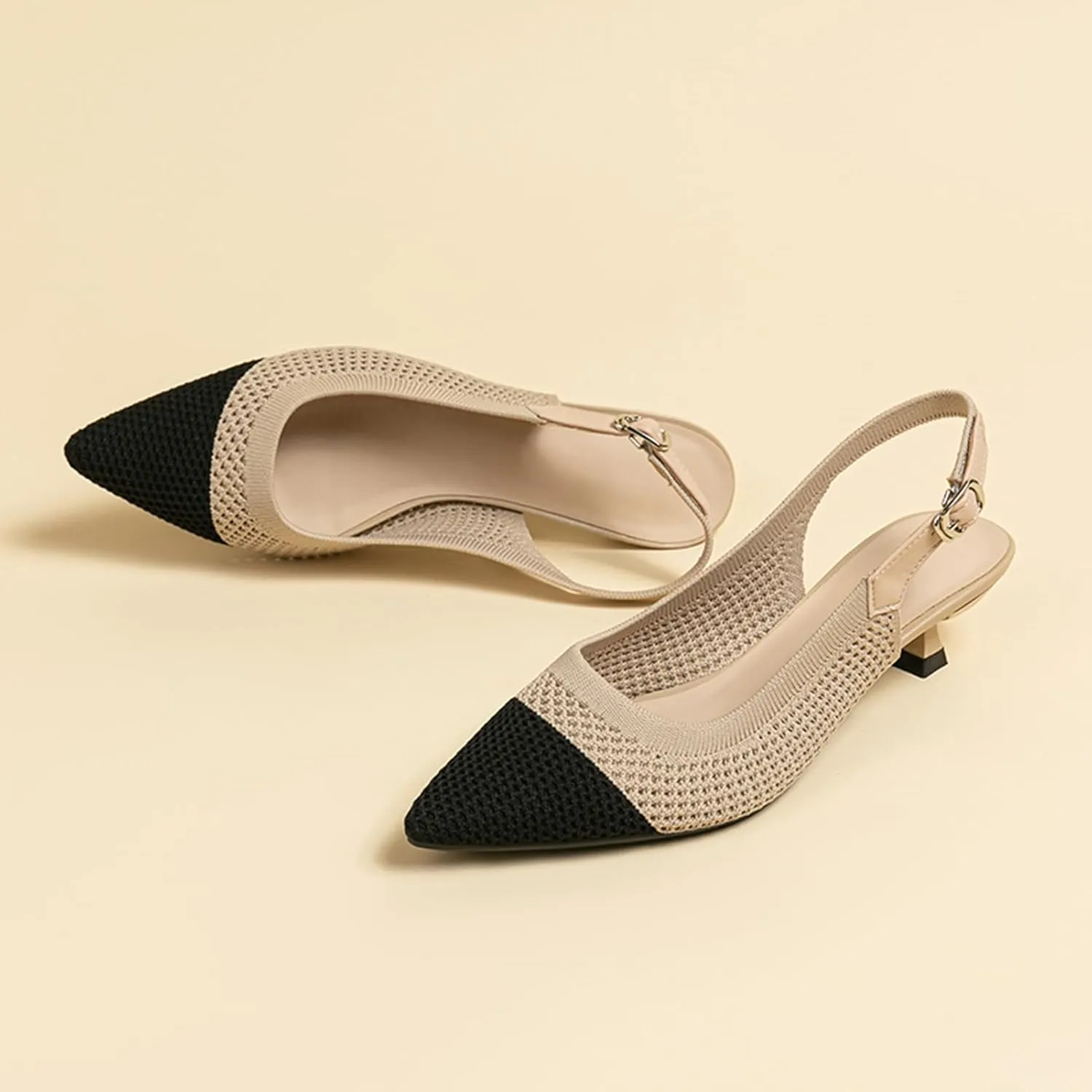 youngshow Pointed Toe Women Pumps, Comfort Slingback Heels with Arch Support, Cute Kitten Heels with Ankle Strap for Womens, Walking Office, Black